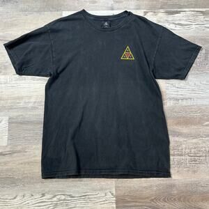 HUF x Obey Black Graphic T-Shirt Triforce Collab Cracked Print Size L
